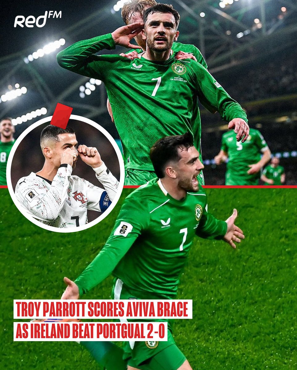 CorksRedFM's tweet image. Aviva Stadium ERUPTS as Troy Parrots brace beats Portugal to keep Ireland&apos;s World Cup hopes alive