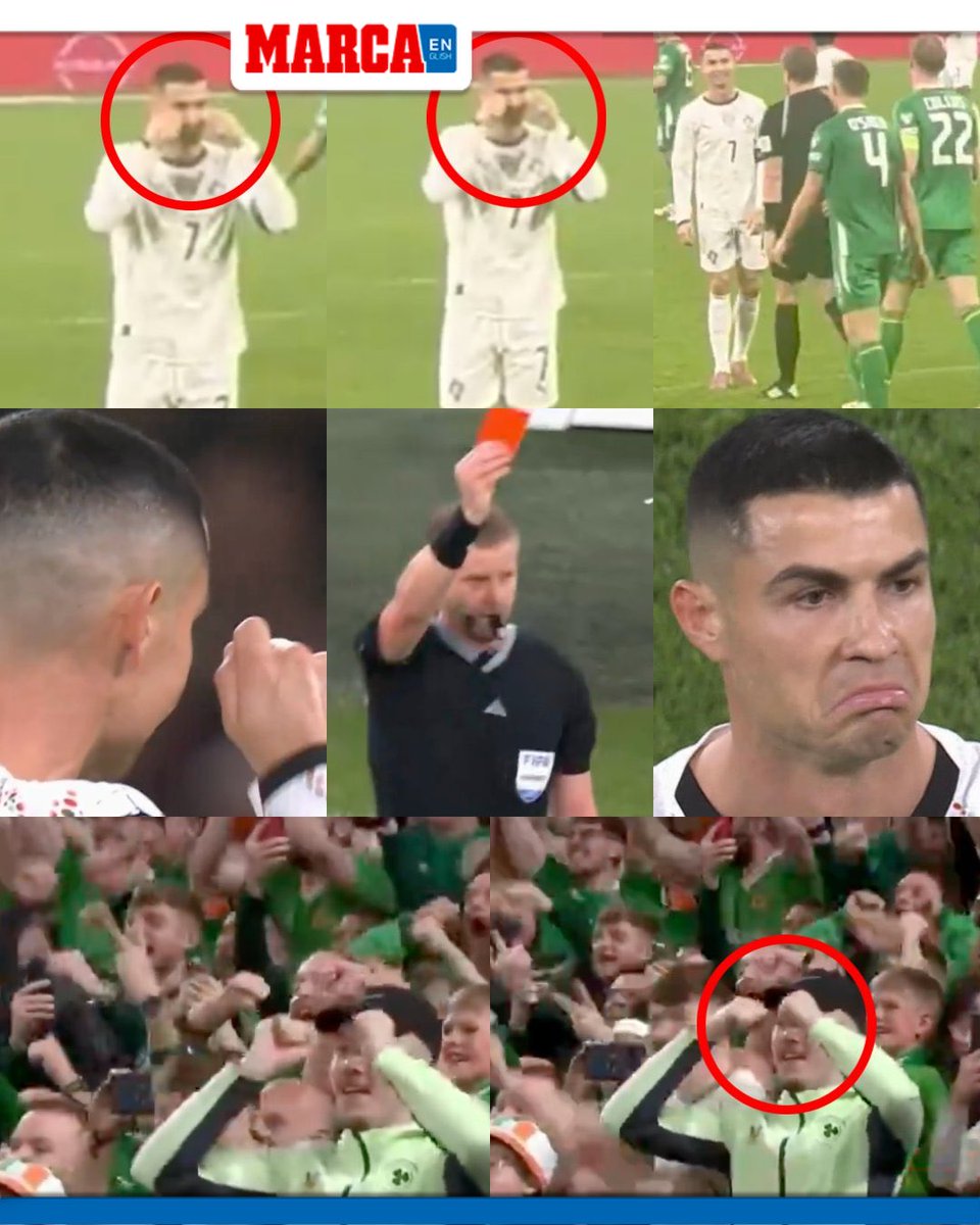 MARCAinENGLISH's tweet image. A TASTE OF HIS OWN MEDICINE! 😬

Right before the referee decided to SEND OFF Cristiano Ronaldo, El Bicho told the player he elbowed to stop crying. 😢

Irish fans noticed — and when CR7 got the red card, they threw the exact same gesture right back at him. 🇮🇪🥵

#cr7 #cristiano
