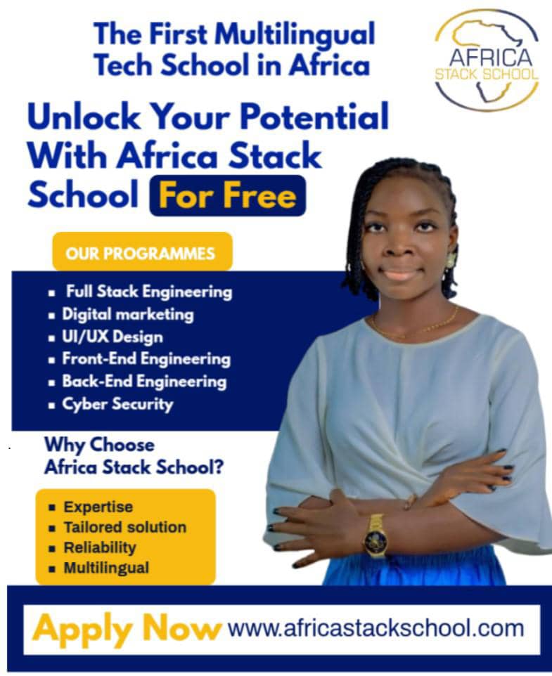 Africastack's tweet photo. The First Multilingual Tech School in Africa. Admission In progress apply now #edutech #schoolinafrica #learningtechskills #softwareengineering #webdevelopment #webdesignsoftware #Coding https://t.co/fdPOAi29Tw