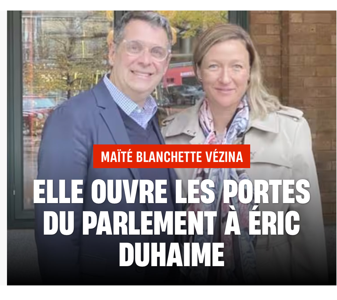 🚨🚨 MAÏTÉ BLANCHETTE-VÉZINA OUVRE LES PORTES DE L’ASSEMBLÉE À ÉRIC DUHAIME 

L’ex-caquiste Maïté Blanchette Vézina va permettre à Éric Duhaime d’entrer au Parlement et déposera même des projets de loi pour le Parti conservateur. Elle songe à porter les couleurs de la formation