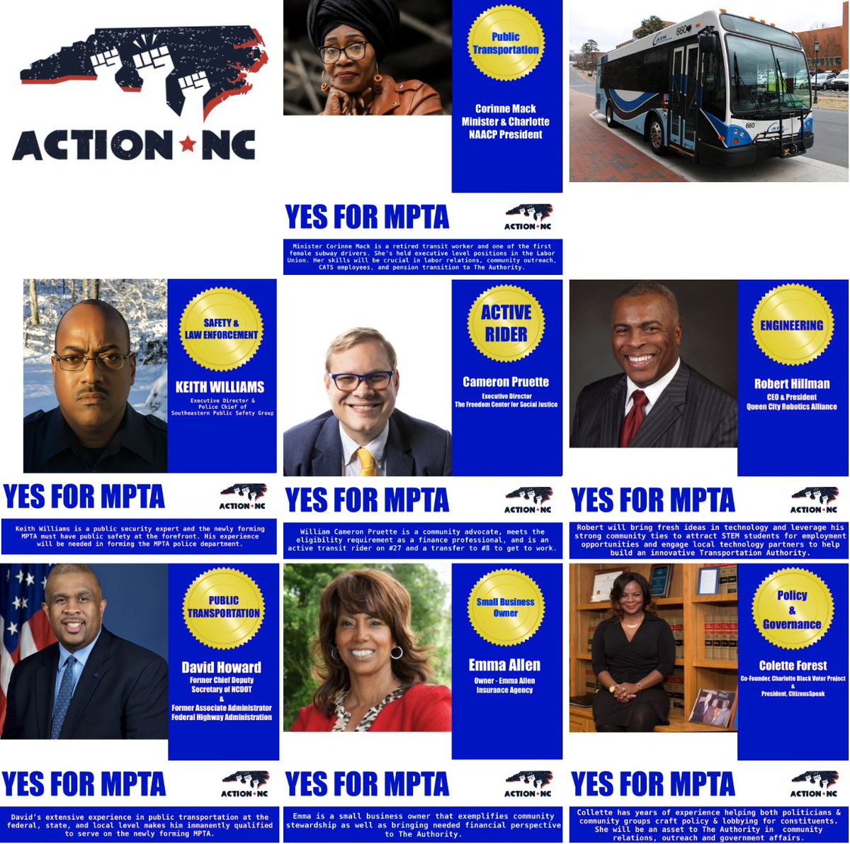 Action_NC's tweet image. Action NC proudly endorses a slate of candidates for the Metropolitan Public Transportation Authority who stand for community, equity, labor rights, and strong public infrastructure. #PublicTransit #MPTA #ActionNC