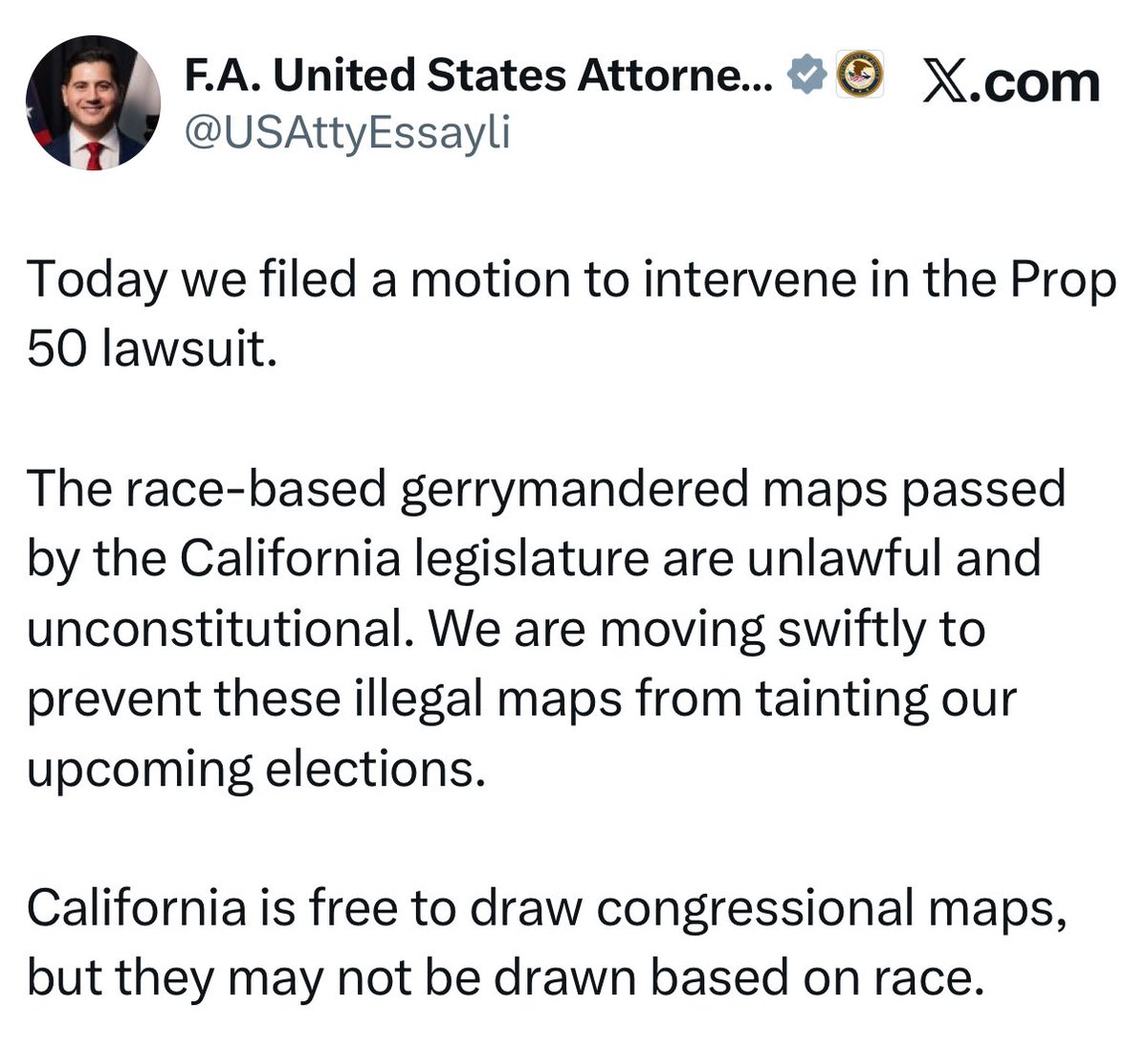 🚨 LFG 🔥🔥🔥 I’ll quote Greasy Gavin “Let’s Fight Fire with Fire!”🚨 
President Trump’s DOJ is suing <a href="/GavinNewsom/">Gavin Newsom</a> to block his pro Democrat 2026 gerrymandered House map. The DOJ just joined the lawsuit against Prop 50 which could give Democrats up to 5 extra seats. California