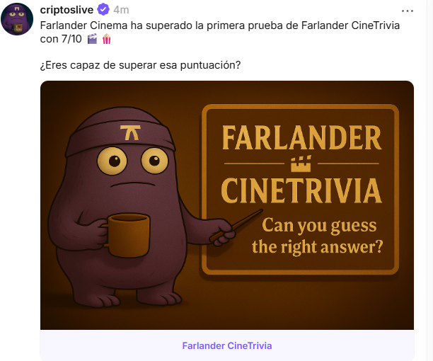 CriptosLive's tweet image. He desarrollado la primera Miniapp en Español en Farcaster por favor si la comunidad hispana le puede dar un poco de mimo es un Trivial de cine muy divertido farcaster.xyz/criptoslive/0x…

Comparto con personas de la comunidad de Farcaster 
@PastanagaCrypto @concodefi @Fosky68…