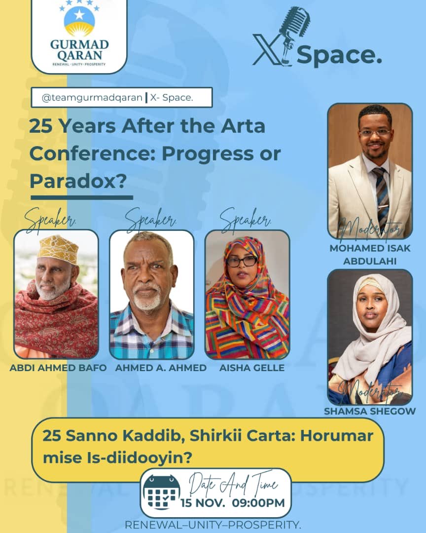 Stay tuned 🤔
👇
Some of those who participated to make #Arta Conference are now looking back to reflect and conduct a final impartial assessment.
⁦<a href="/teamgurmad/">Gurmad Qaran</a>⁩ ⁦⁦<a href="/ashagelle1/">Asha Gelle</a>⁩ #DrAhmedAbbas #ProfAbdiAhmedBaafo
⁦<a href="/Sanwilwilo/">Ahmed Sanwilwilo</a>⁩ #MohamedIsak ⁦<a href="/SpotonSomalia/">Shamso Araweelo Shegow 🇸🇴🇸🇪🇩🇰</a>⁩