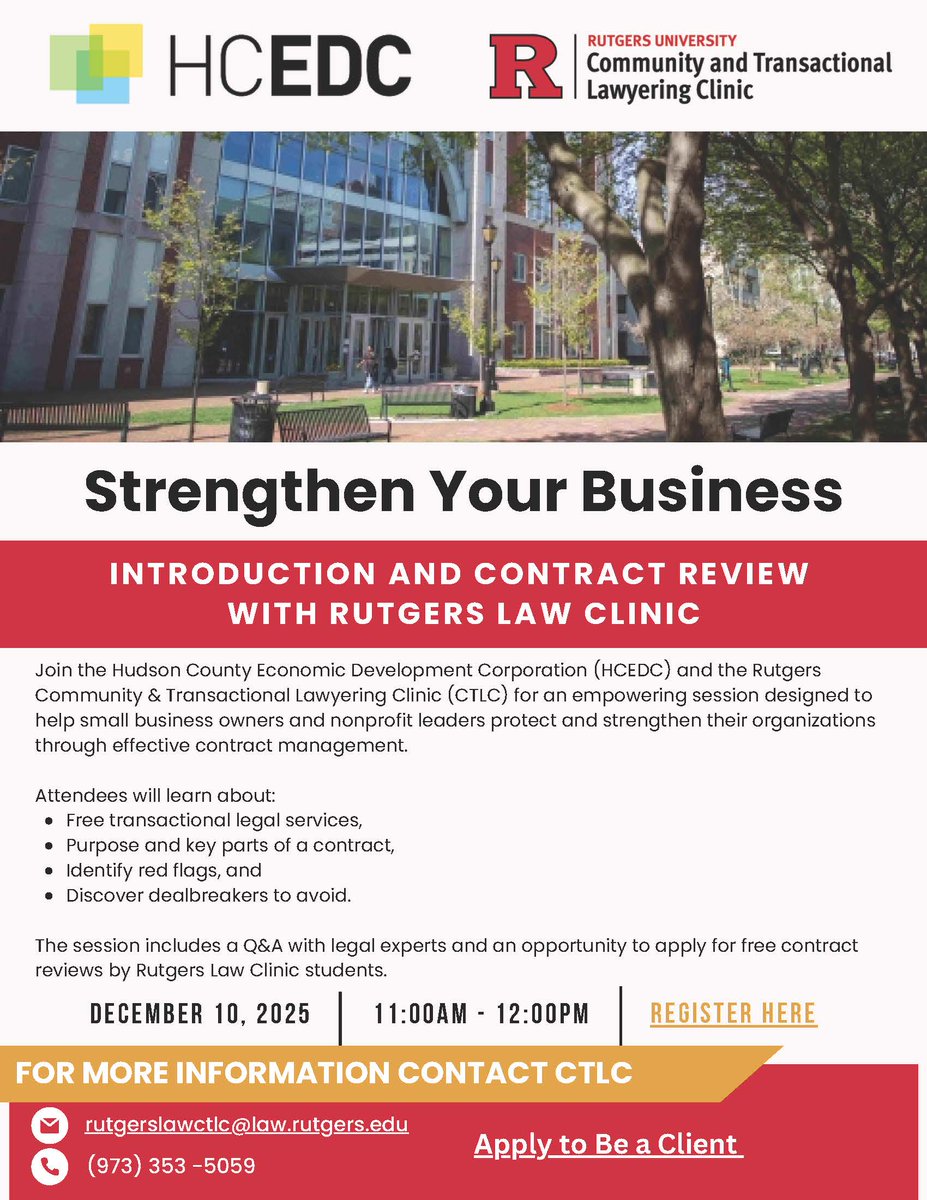 Register now to join the HCEDC &amp; the Rutgers Community &amp; Transactional Lawyering Clinic (CTLC) on Wednesday, December 10th at 11 am for a webinar for small businesses and nonprofits: Strengthen Your Business- Introduction and Contract Review 
hudsonedc.org/education/#rut…
