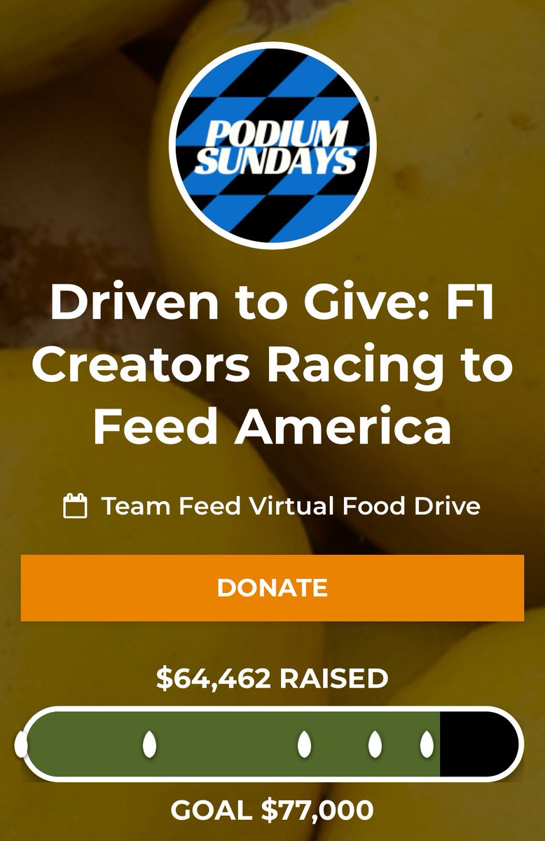 Okay well. The charity I was trying to donate to is Driven To Give, a fundraiser organized by Podium Sundays on TikTok, and here at <a href="/PodiumSundays/">Podium Sundays</a>.

This fundraiser was particularly important to me as a lower class American as well as being relevant to the sport- F1 is hosting