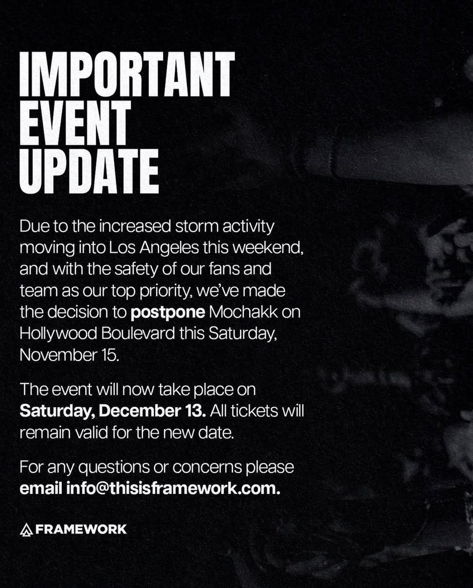 Unfortunately (but understandably) the <a href="/MochakkMusic/">Mochakk</a> show this Saturday on Hollywood Blvd has been postponed to December 13th due the predict storm this weekend.