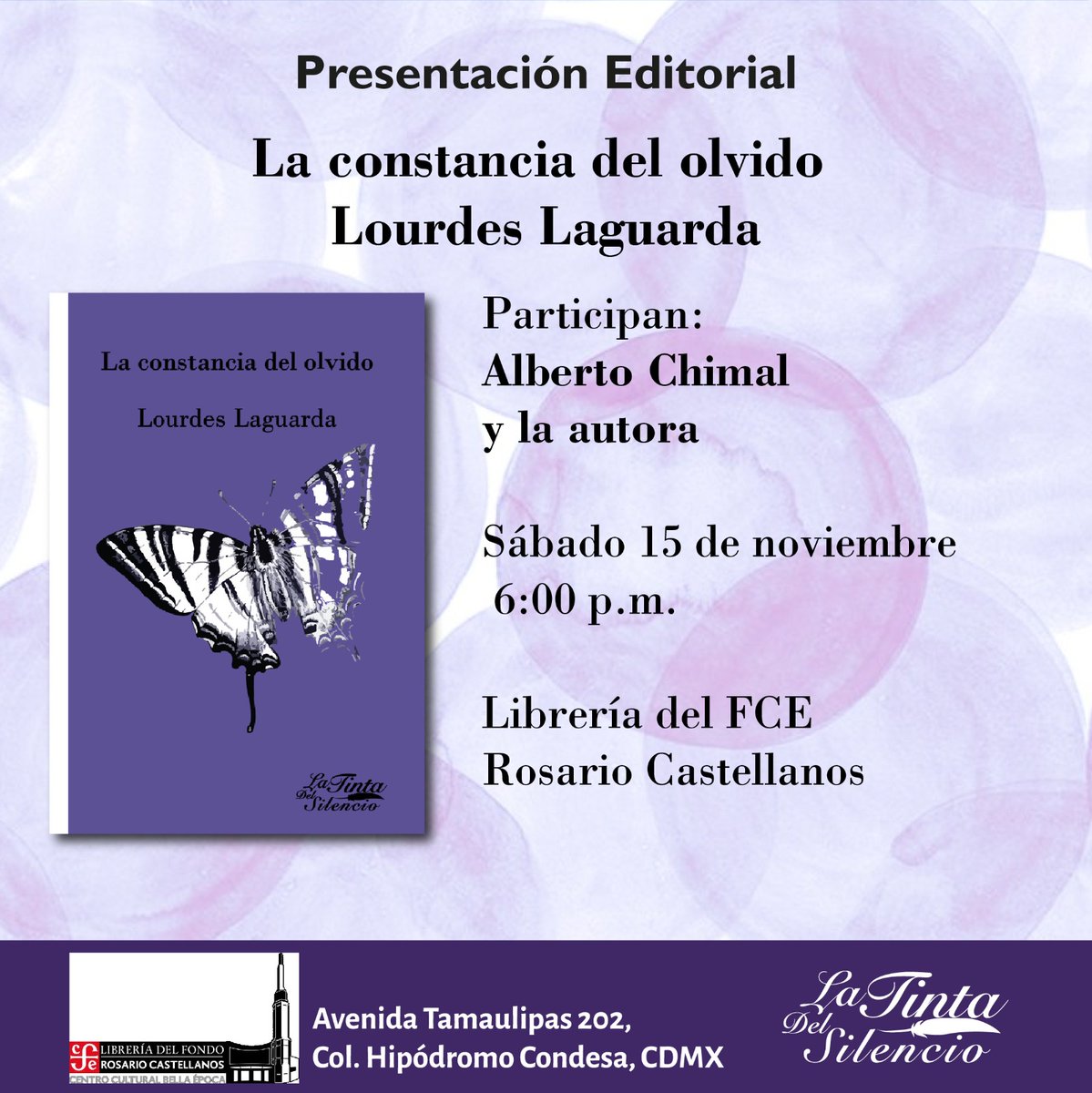 ¡No te pierdas esta gran oportunidad!
Asiste a la presentación de "La constancia del olvido" de Lourdes La guarda acompañada por Alberto Chimal.
¡Te esperamos en la #LibreríaRosarioCastellanos este sábado 15 a las 18h! 📚✨
<a href="/latintasilencio/">Latintadelsilencio</a>