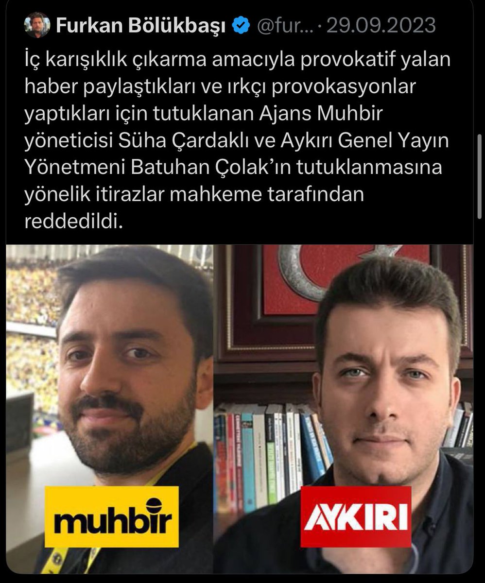 Furkan Bölükbaşı, tutuklandığımızda bizim için “İç karışıklık çıkarmaya çalışan ırkçı provokatörler” yazmıştı.

Ne Batuhan Çolak’ın ne de Süha Çardaklı’nın PKK’lı bir hainle tek bir temasını bulamazsınız.

Ama siz, şehitlerimizle dalga geçen soysuzların, Atatürk düşmanı hainlerin