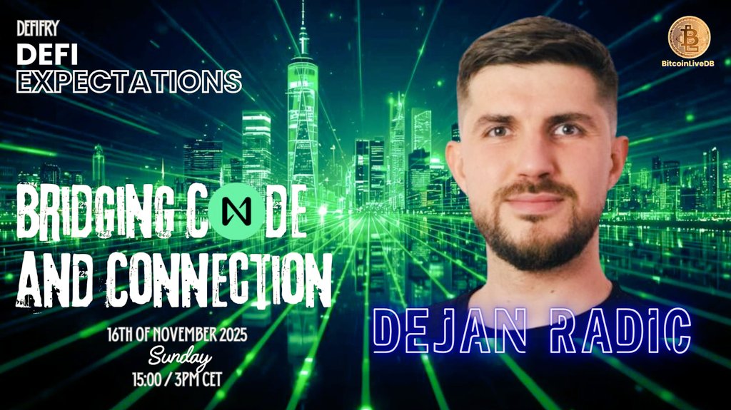 Sunday on #BitcoinliveDB   

#DeFiExpectations 🎯
EP04 “Bridging Code and Connection: A Conversation with Dejan Radic of Near Intents”

☆Presented by 
<a href="/DeFiFry/">Fry from Cheers</a>
• Guests
<a href="/dejanradicme/">Dejan Radic</a>
<a href="/near_intents/">NEAR Intents</a>

☆Time  
15:00 / 3PM (CET) 
9:00 / 9AM (EDT)

☆Streaming on
<a href="/BitcoinliveDB/">₿itcoinlive 𝕏 Decentralized ₿roadcasting</a>