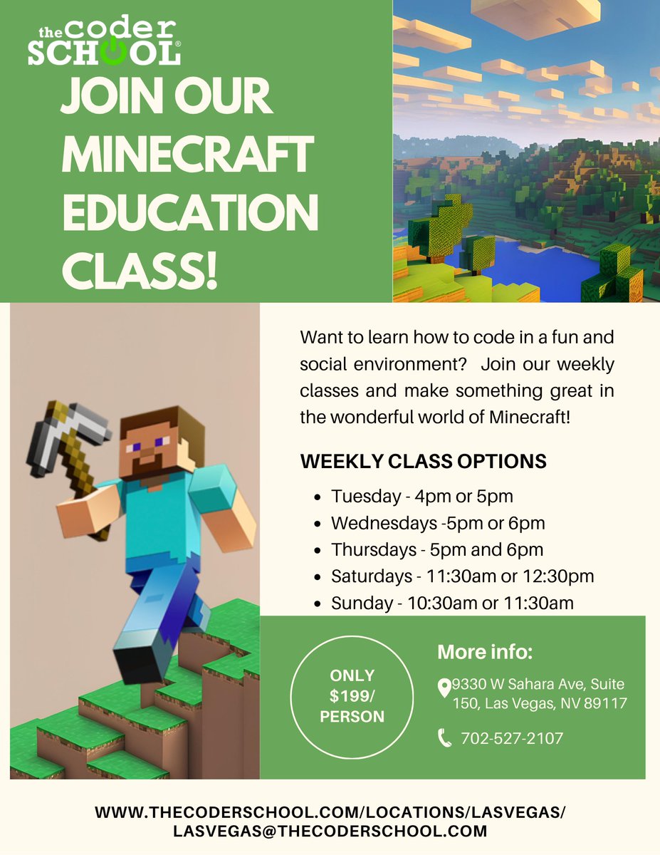 ThecoderschoolN's tweet image. Limited First Month Offer: Save 25% your first month of Minecraft classes!

Follow the link to learn more! 

thecoderschool.com/locations/lasv…

#minecraft #coding #minecraftcoding #learn2code #thecoderschool #kidswhocode #codingschoolforkids