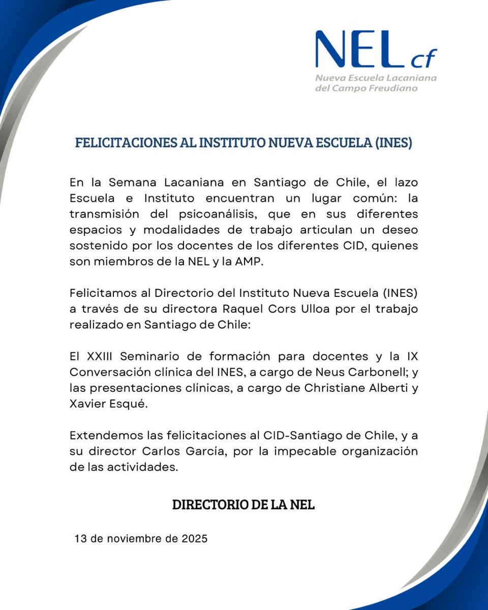 Felicitaciones al Instituto Nueva Escuela (INES)