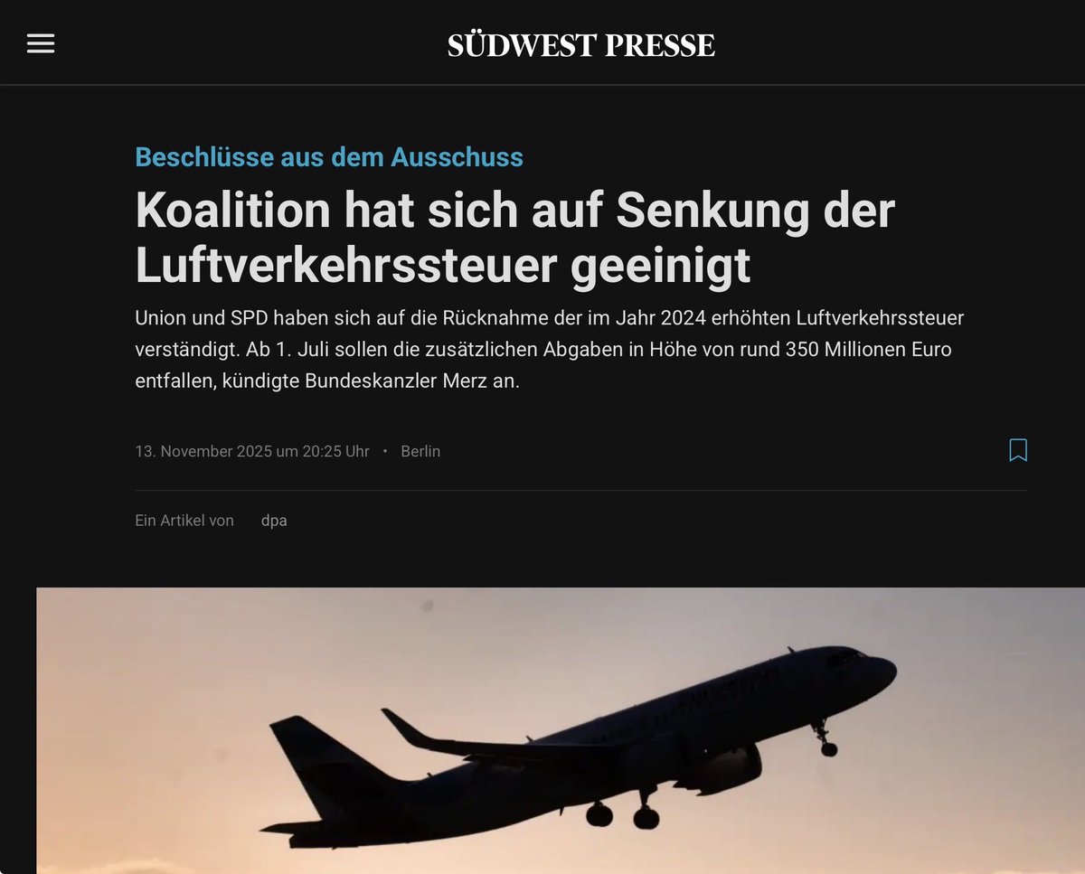 Das wurde also aus dem „Herbst der #Reformen“:

Regierung senkt #Luftverkehrssteuer.

350 Millionen für billigere Flugtickets. Beim #Bürgergeld soll aber stark gekürzt werden &amp; die #Krankenkassen-Beiträge steigen weiter. Was für ein erbärmliches Ergebnis.

swp.de/politik/beschl…