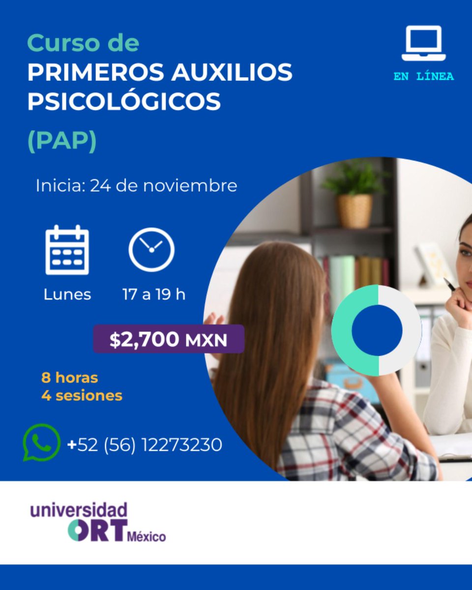 Fortalece tu capacidad de respuesta ante una crisis emocional.

Inscríbete al Curso de Primeros Auxilios Psicológicos y aprende herramientas prácticas para acompañar a niñas, niños, adolescentes y adultos en momentos críticos.

Inicio: 24 de noviembre

Más información: 5612273230