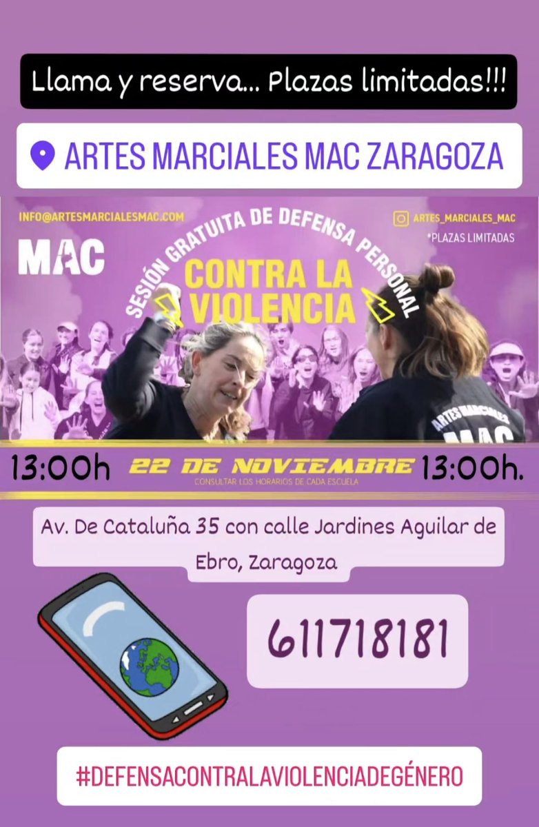 El gimnasio MAC, muy cercano al instituto, nos invita de nuevo a sus ya tradicionales sesiones gratuitas de defensa personal para mujeres.

El sábado 22 de noviembre acude al gimnasio, junto a la gasolinera de la avenida Cataluña, a disfrutar de una formación gratuita.