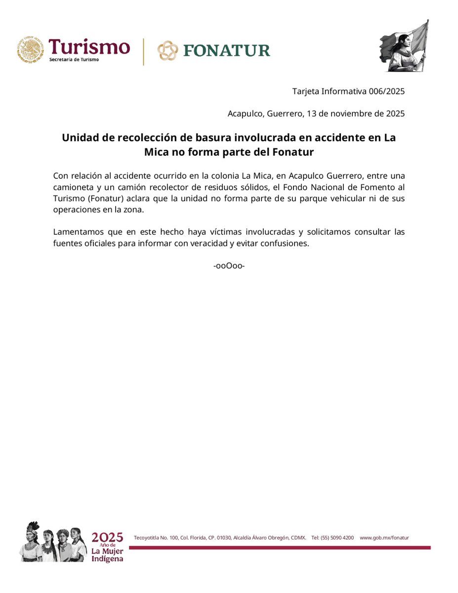 FonaturMX's tweet photo. #TarjetaInformativa

Unidad de recolección de basura involucrada en accidente en La Mica no forma parte del Fonatur.

https://t.co/H4jxfH0yCQ

#AcapulcoSeTransformaContigo https://t.co/xK0uhyc3Al