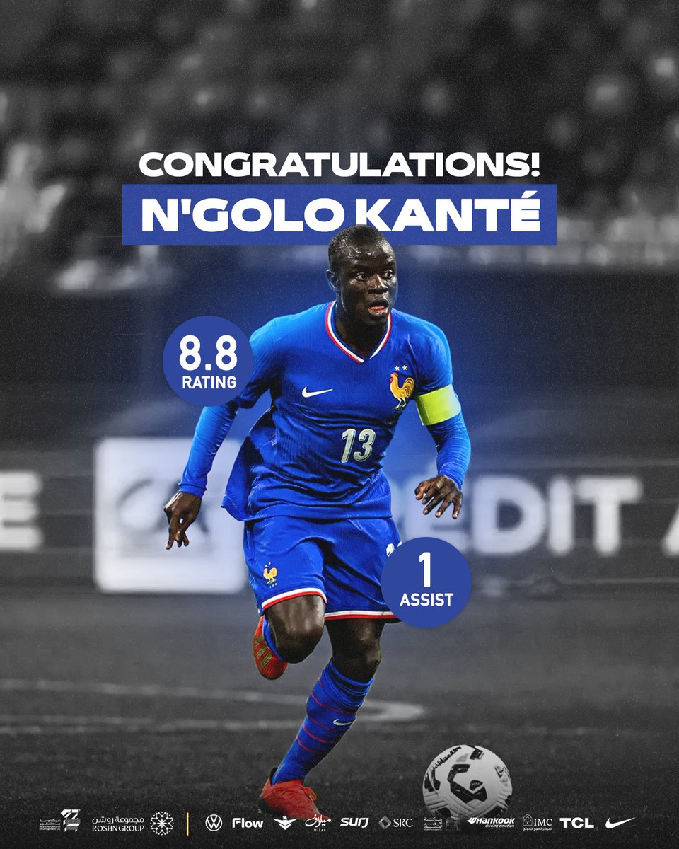 ittihad_en's tweet image. Congrats to our French star N'Golo Kanté for his role in France's qualification to the World Cup 2026👏🇫🇷