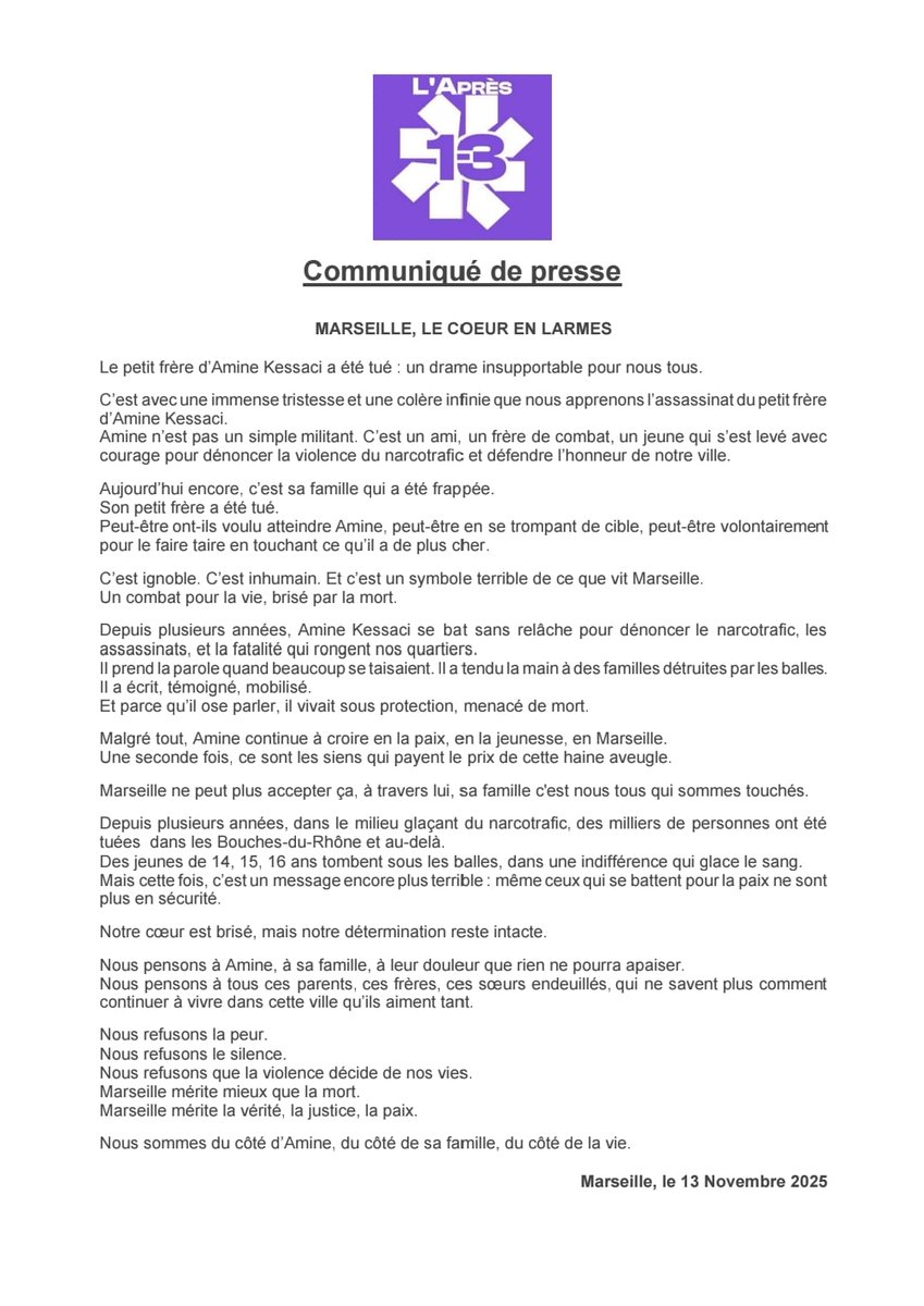 Le communiqué de l'@Apres_fr pour notre camarade et ami <a href="/kessaciamine1/">Amine Kessaci</a> et sa famille.
Nous te présentons nos condoléances les plus sincères. Nous nous tenons à ta disposition et celle de ta famille.
