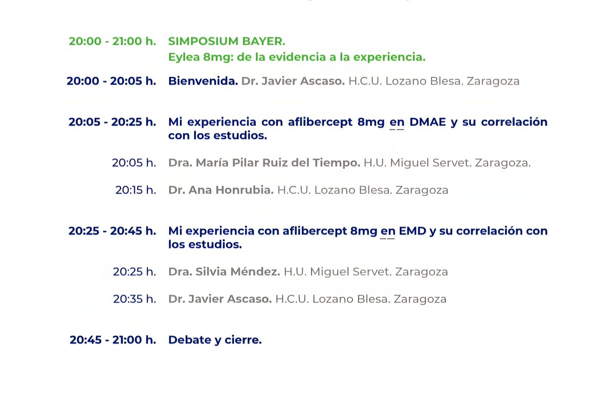 javierascaso's tweet image. Agradecer a @Bayer su invitación a moderar el simposium "#Eylea 8 mg: de la evidencia a la experiencia" y a aportar la experiencia del servicio de @oftalmoHCULB del Hospital Clínico Universitario Lozano Blesa de Zaragoza.
