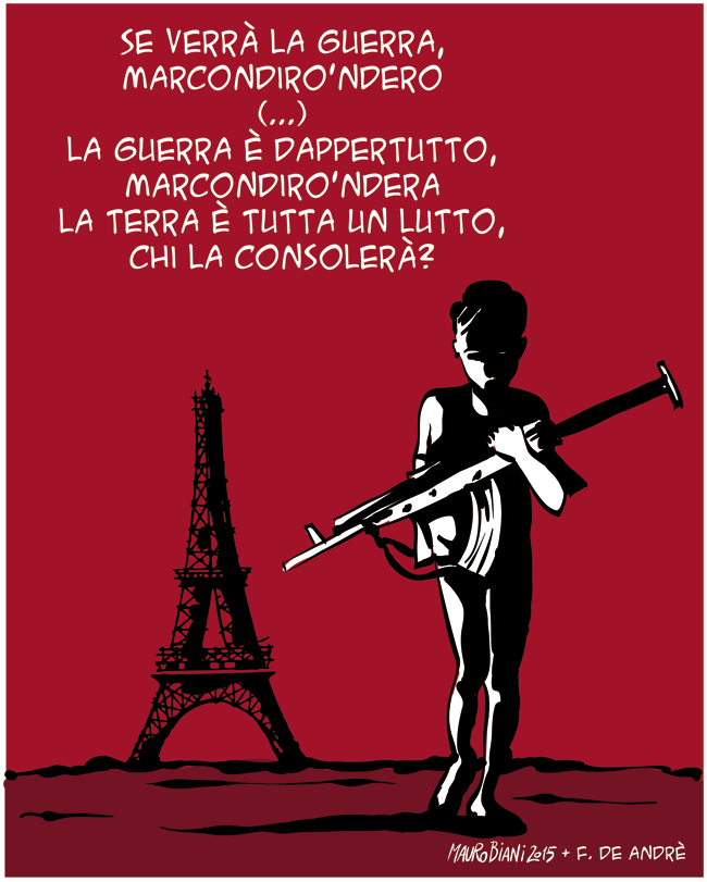#Paris #terrorismo #guerra 
La vignetta per Parigi, 10 anni fa. 
(uscita su <a href="/ilmanifesto/">il manifesto</a>).
A vederla oggi.
