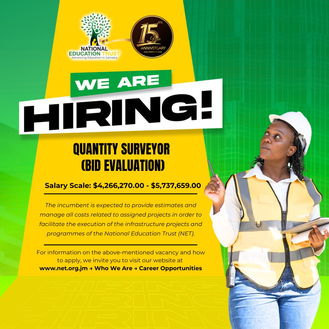 📢 We’re Hiring! 

Join the National Education Trust (NET) team! Open roles: Infrastructure Manager + Quantity Surveyor (Bid Evaluation)

Apply by Dec 1, 2025 → jobs@net.org.jm 

#NETJamaica #CheckNETFirst #EducationMatters #MoESYI #TREND