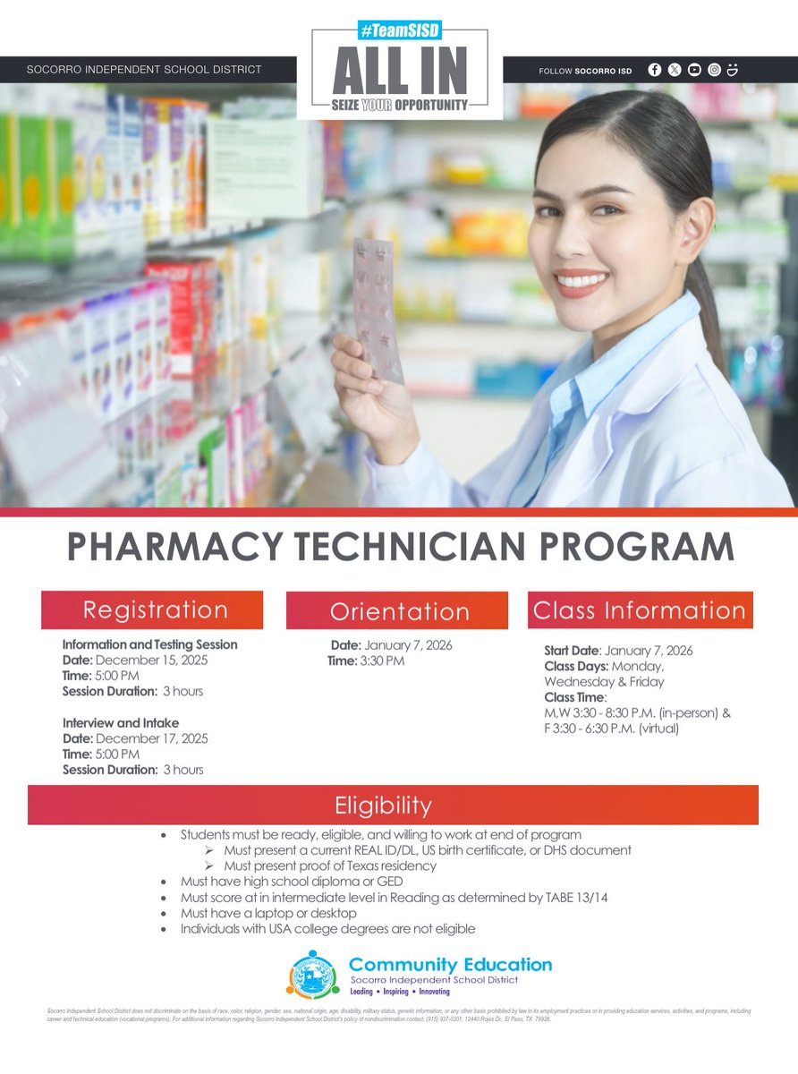 Next month, Community Education Center is conducting registration for another Pharmacy Technician program! We are excited to continue this IET class into 2026 with those who qualify! Please read the flyer below.
<a href="/YCLC_EDUCATION/">Ysleta Community Learning Center</a> 
<a href="/SISD_ES/">Jennifer Trejo</a> 
<a href="/RubinaJurado/">Rubina Flores-Jurado</a> 
<a href="/SISD_HS/">Carlos Guerra III</a>
<a href="/SocorroISD/">Socorro ISD</a>