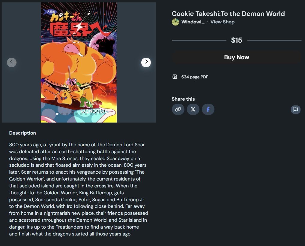 CryptidPunk's tweet image. Windowl's just released his largest book yet!!

COOKIE TAKESHI: TO THE DEMON WORLD 🐱🦁🌟👹

Now available on Amazon and Ko-fi! 📕☕

Windowl and I are also gonna collab on stream in celebration! He's live now and I'll go live @ 7:30 PM EST! Hope to see y'all there!

Links below!
