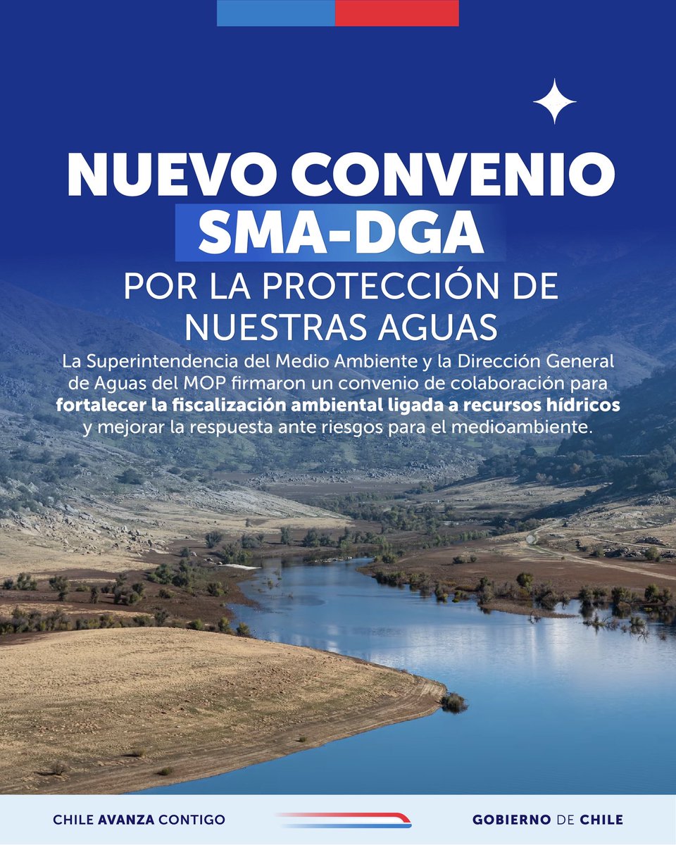 💧 Nuevo convenio para fortalecer la fiscalización ambiental del agua

La Dirección General de Aguas del MOP y la Superintendencia del Medio Ambiente firmaron un nuevo acuerdo que refuerza el trabajo conjunto en 10 líneas de acción.
1/2