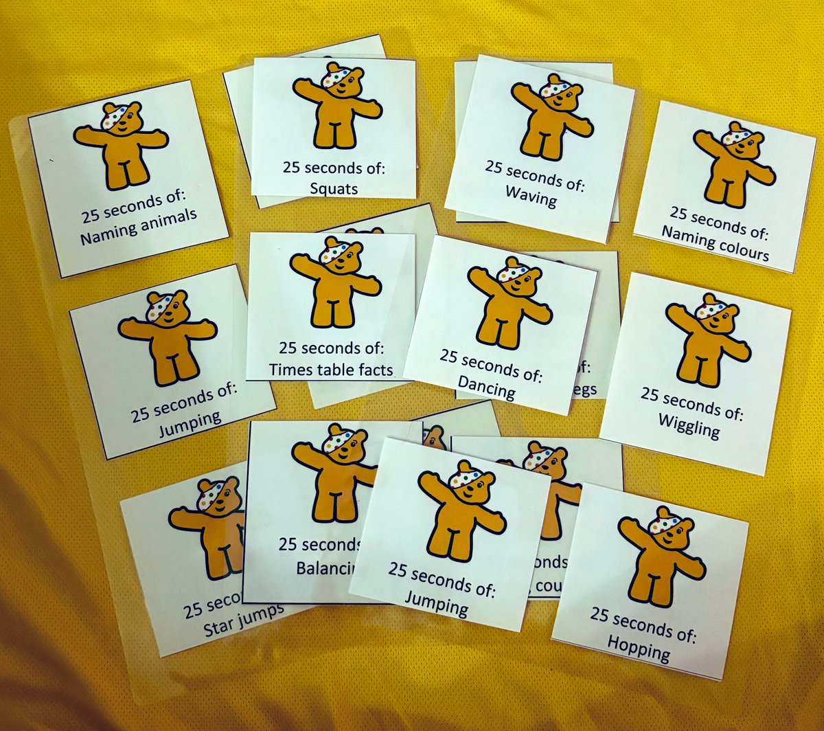 Making 25 themed challenge cards for Children In Need tomorrow! 🐻 Going to post them around school with stop watches for children to do the 25 second challenges e.g. 25 sec of star jumps 🌟 Made some easier ones for EYFS &amp; some harder ones for the older children. #childreninneed