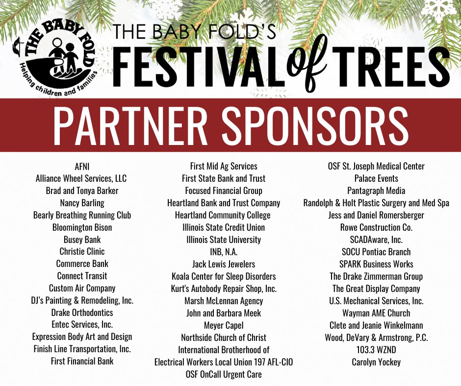 The Baby Fold's Festival of Trees Partner Sponsors are blessing local kids and families with healing Baby Fold programs and services. 🎄 Thank you, friends! 🎄

🎅🍪

♦️The Baby Fold's Festival of Trees
♦️November 20-22
♦️Interstate Center, Bloomington
♦️FestOfTrees.org
