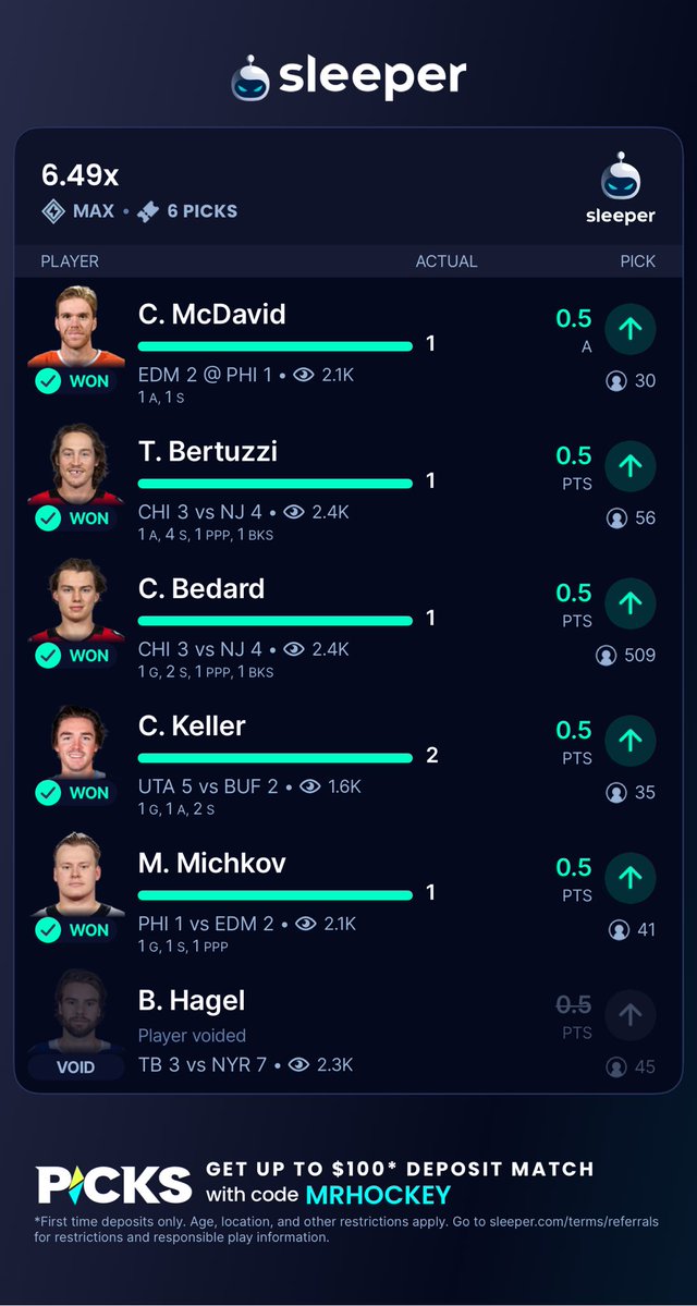 MrHockeybets22's tweet image. I take it back I LOVE SLEEPER !!! THANK YOU FOR VOIDING HAGEL!! @SleeperHQ you guys rock thank you again. 🐐🐐🐐
#Banesquad #Thetable #Playback