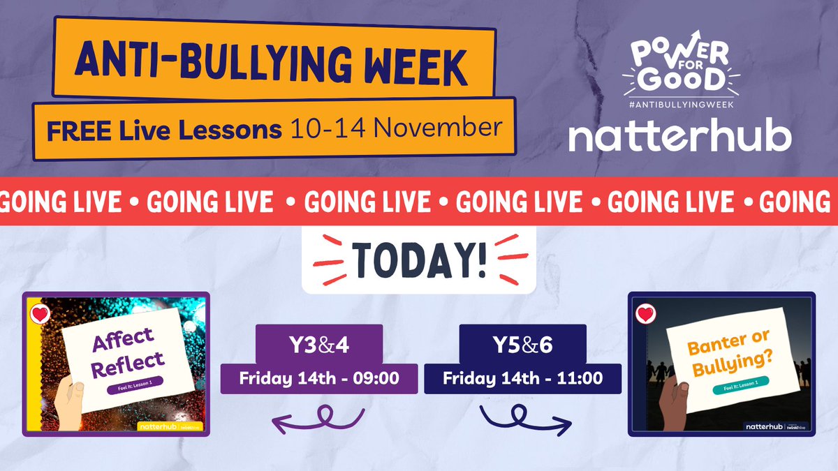We are looking forward to hosting our last two Live Lessons for #AntiBullyingWeek. Attending? Check your inbox for access links and instructions to participate through our Natterhub platform. See you soon! 🙌