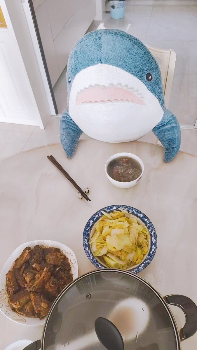 meshi_same's tweet image. 今日は蓮根とキノコの春雨を食べるサメ🦈