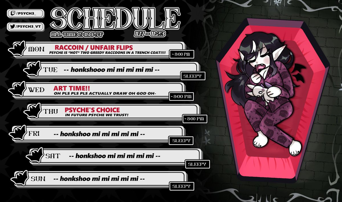 RARE TWITTER PULL!!! 
Surprise! An actual schedule!! See you soon &gt;:D ! 

11.17-11.23 ♡