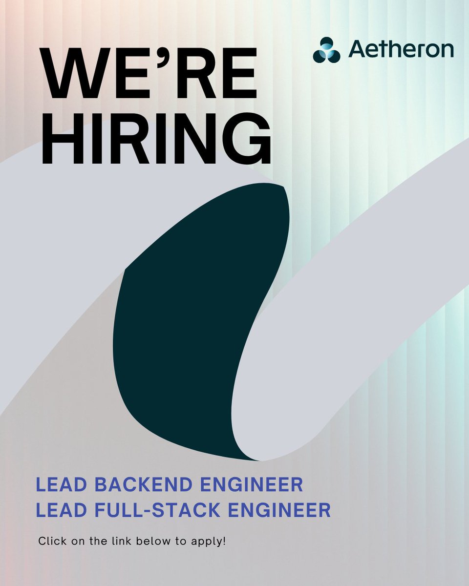 Aetheronhq's tweet image. We’re hiring at Aetheron.

If you’re an experienced engineer with the right skillset, apply today.

🔗 Lead Backend Engineer: linkedin.com/jobs/view/4322…

🔗 Lead Full-Stack Engineer: linkedin.com/jobs/view/4322…