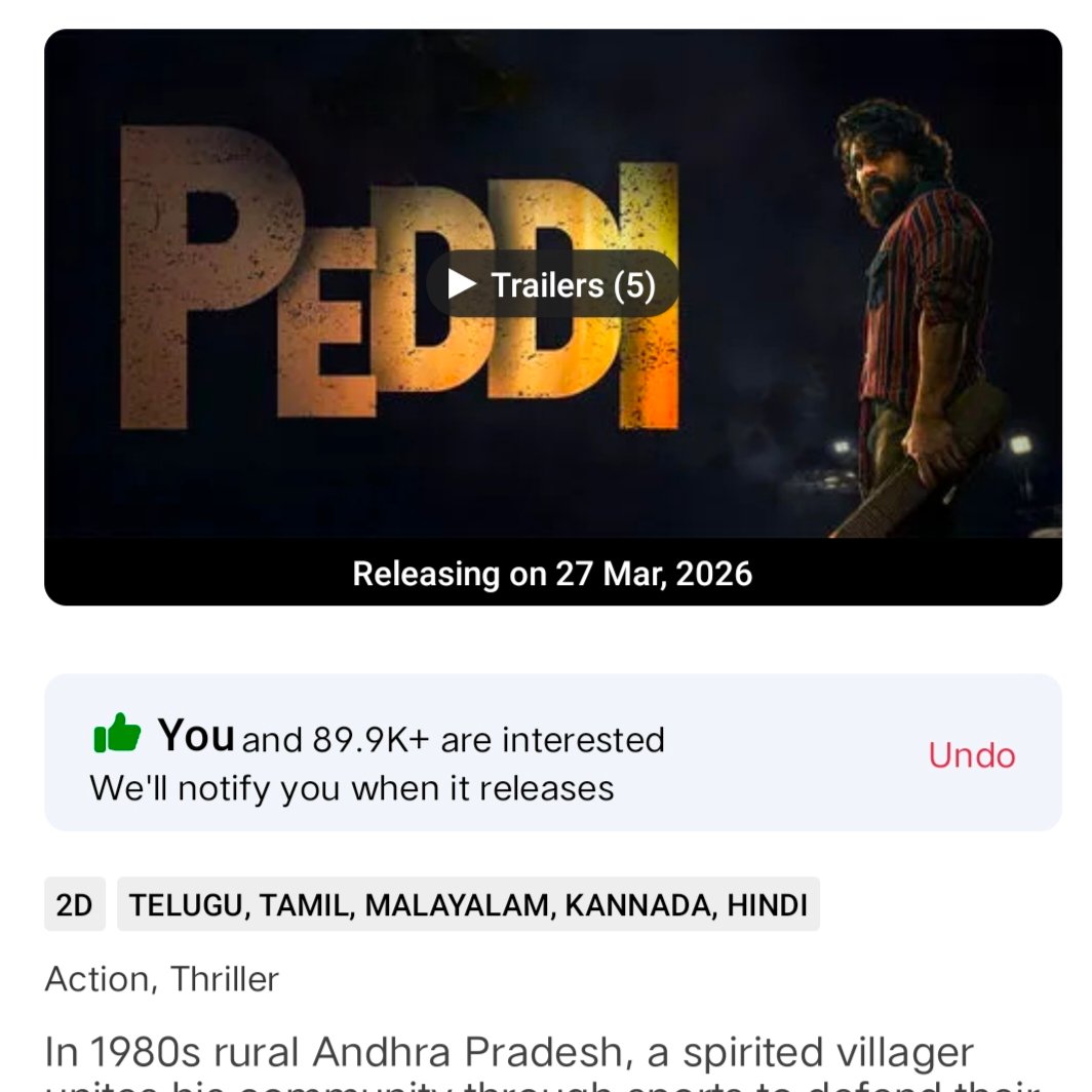 All eyes on #PEDDI 🔥

Can we touch 100K+ <a href="/bookmyshow/">BookMyShow</a>  Interests before the month ends? 

#RamCharan #Peddi <a href="/AlwaysRamCharan/">Ram Charan</a>