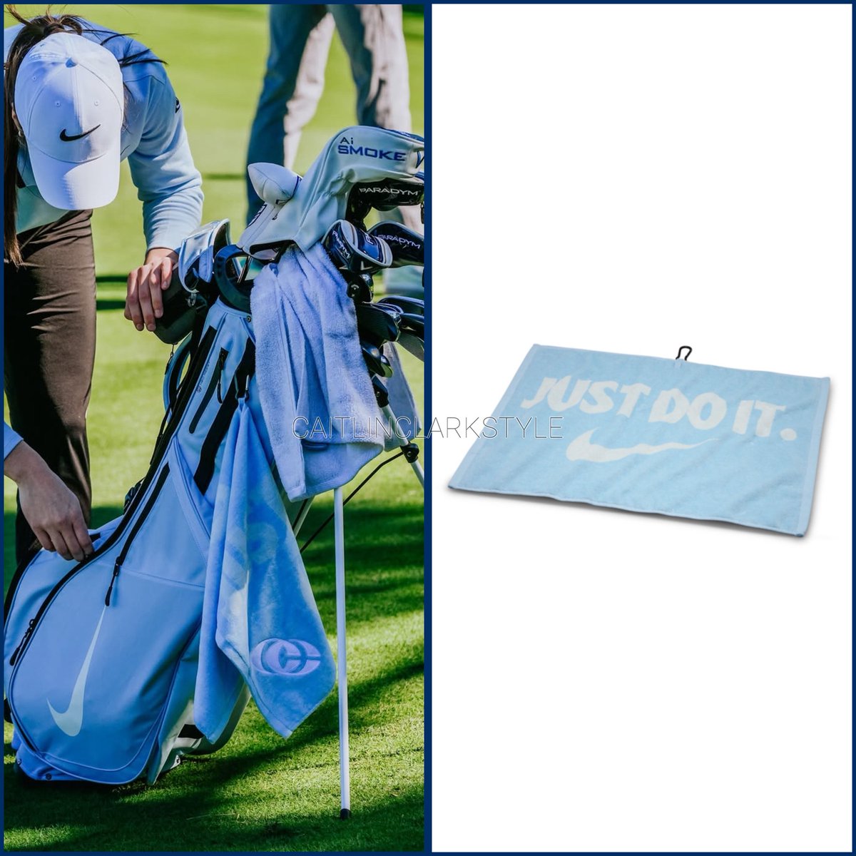 November 12, 2025: <a href="/CaitlinClark22/">Caitlin Clark</a> The ANNIKA Pro-Am | Belleair, Florida | carrying <a href="/Nike/">Nike</a> Custom Performance 2.0 Golf Towel. Shop similar: $22 anrdoezrs.net/click-10141881… #Nike365 #NikeAffiliate 

CC had a custom Just Do It towel featuring her signature logo.