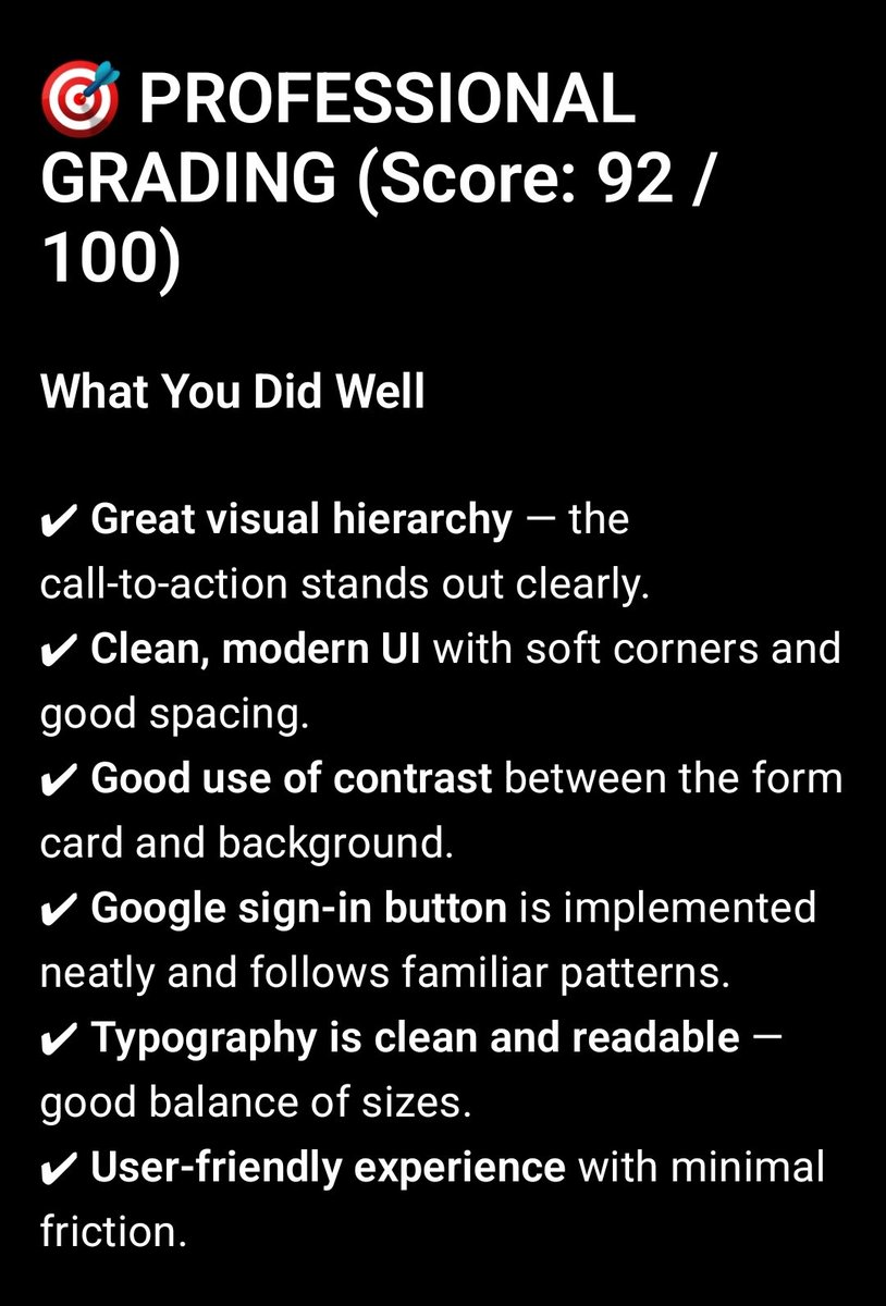 Ksammydesigns's tweet image. Daily UI #088 — Sign Up Form
Focused on clean onboarding, smooth hierarchy, and a frictionless sign-up flow.
Quick Google sign-in + clear input fields = simple, modern, effective.
Feedback is always welcome!
#UI #DesignDaily #100DaysOfUI