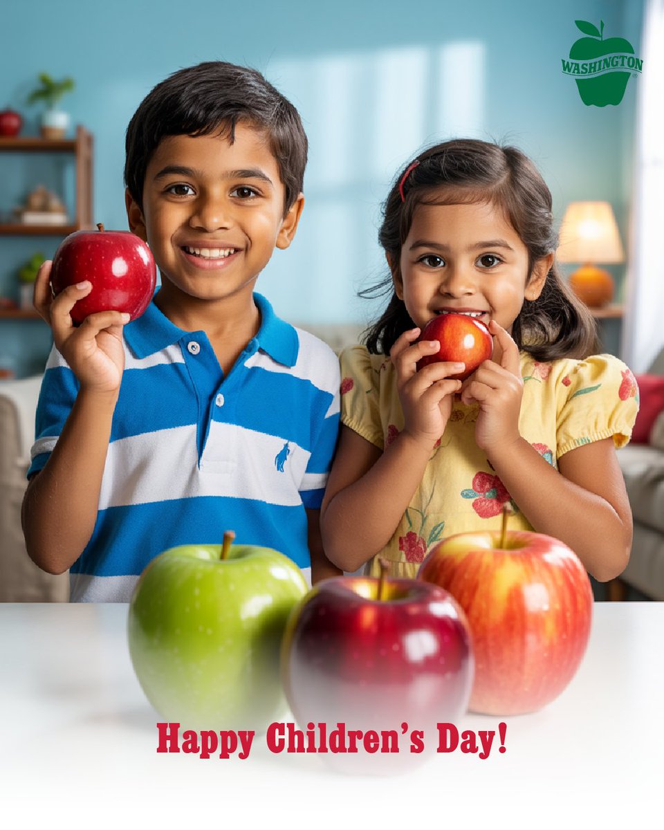 🍎🎉 Happy Children’s Day! 
Celebrating little smiles and healthy bites with delicious Washington apples. 😄💛
#WashingtonApples #WashingtonApplesIndia #GrownWithGoodness #Health #Nutrition #ChildrensDay #HealthyKids #WashingtonApples #FruitLove #HappyKids