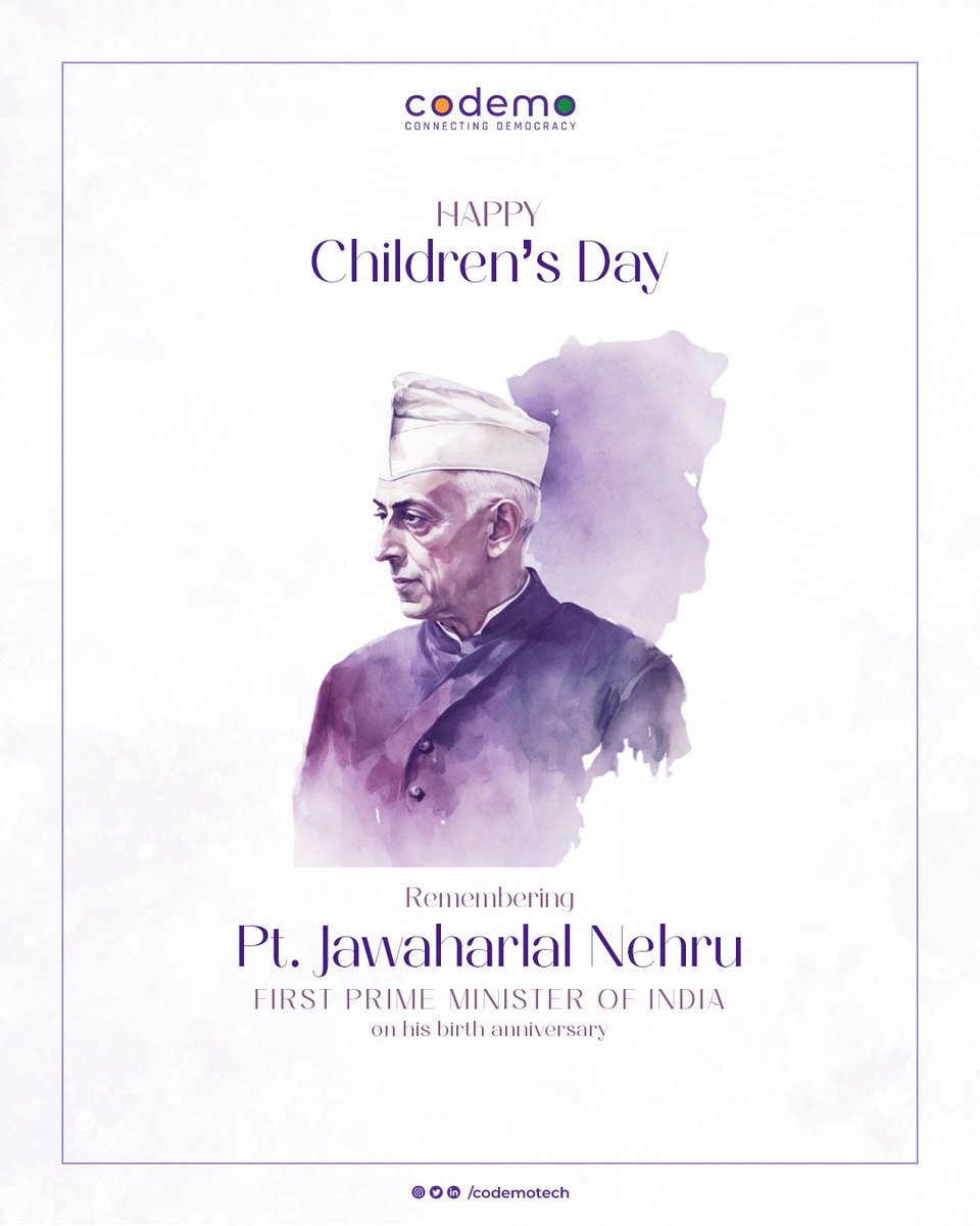 codemotech's tweet photo. 𝗛𝗮𝗽𝗽𝘆 𝗖𝗵𝗶𝗹𝗱𝗿𝗲𝗻’𝘀 𝗗𝗮𝘆!
Celebrating the spirit of childhood and remembering Pt. Jawaharlal Nehru, India’s first Prime Minister, whose love and vision for children continue to inspire generations.
#ChildrensDay #JawaharlalNehru #Codemo https://t.co/gOGR0CQ1oG