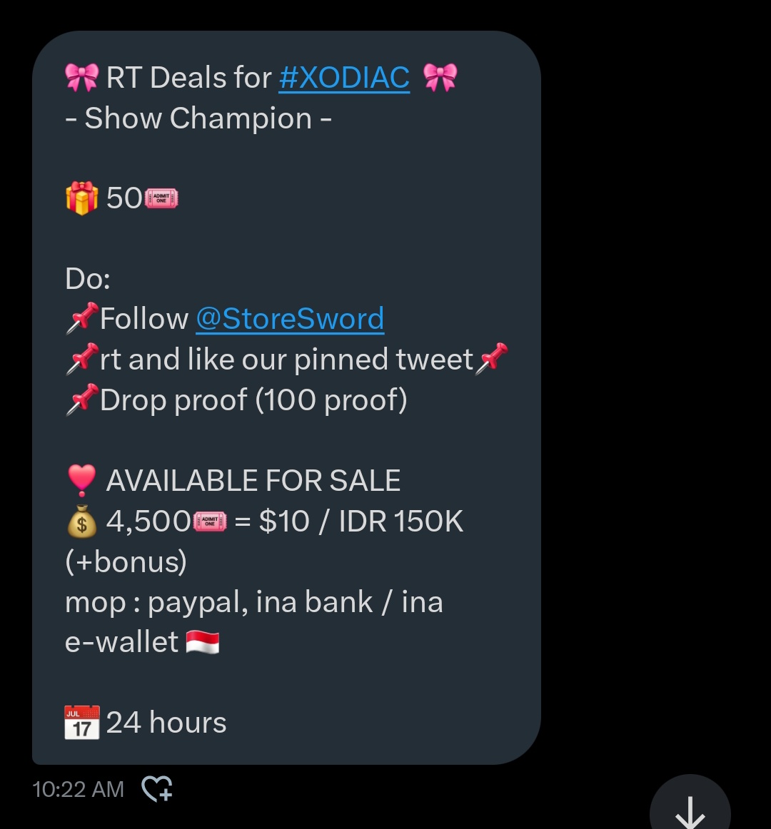 MakChunSingINA's tweet photo. 🎀 RT Deals for #XODIAC  🎀
- Show Champion -

🎁 50🎟

Do:
📌Follow @StoreSword
📌rt and like our pinned tweet📌
📌Drop proof (100 proof)

❣️ AVAILABLE FOR SALE
💰 4,500🎟 = $10 / IDR 150K (+bonus)
mop : paypal, ina bank / ina e-wallet 🇲🇨

📅 24 hours https://t.co/IG4aoecmlu