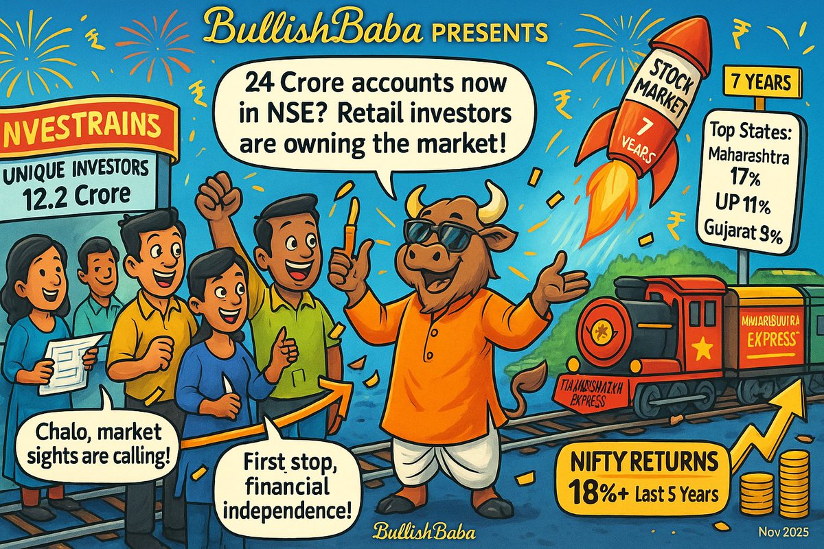 baba_bullish's tweet image. 24 CRORE INVESTORS. 22-YEAR HIGH RETAIL SHARE.
40%+ TURNOVER FROM INDIVIDUALS.
INDIA IS BUILDING THE WORLD’S STRONGEST EQUITY CULTURE. 🇮🇳📈
#BullishBaba #IndiaInvests #RetailRevolution #Nifty #Nifty50 #StockMarket #investing