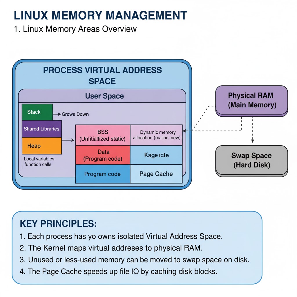 e_opore's tweet image. Linux Memory Management

1. Introduction.

→ Linux Memory Management controls how the operating system uses RAM, swap space, and virtual memory.
→ The kernel ensures every process gets the memory it needs while maintaining system stability and performance.
→ Linux uses a…