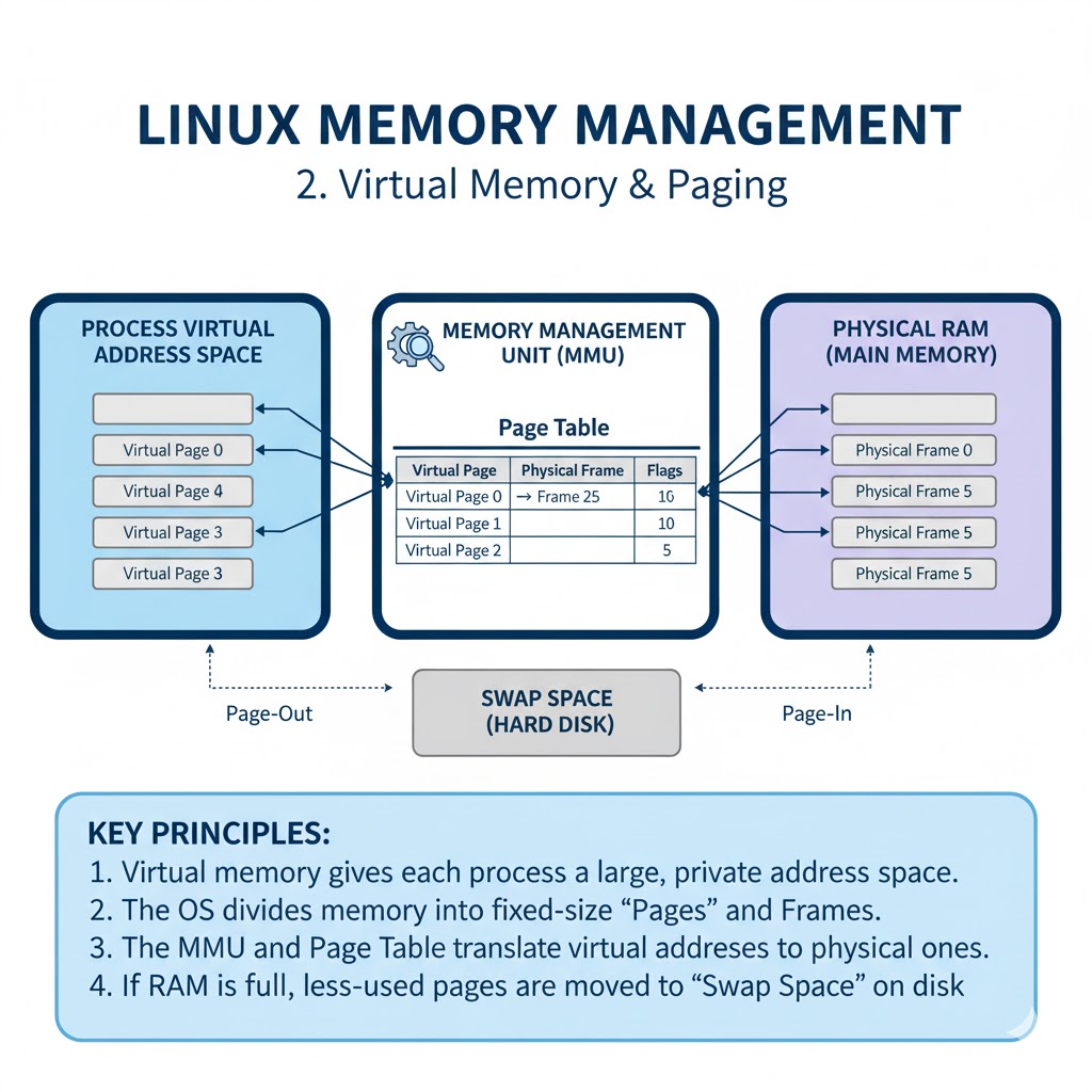 e_opore's tweet image. Linux Memory Management

1. Introduction.

→ Linux Memory Management controls how the operating system uses RAM, swap space, and virtual memory.
→ The kernel ensures every process gets the memory it needs while maintaining system stability and performance.
→ Linux uses a…