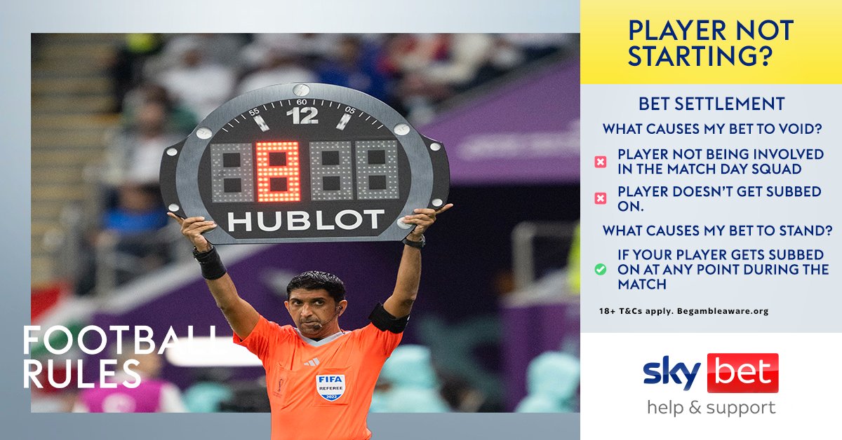 SkyBetHelp's tweet image. More Internationals tonight! Player not starting? 🤔 

✅ If they come on at any point, bets will stand

❌ If they remain on the bench, bets will void after full time

Terms here 👉 ms.spr.ly/6015t3nLX