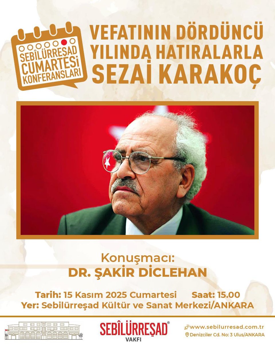 VEFATININ DÖRDÜNCÜ YILINDA HATIRALARLA 
SEZAİ KARAKOÇ

“Diriliş, bir milletin yeniden kendine dönmesidir.” — 
Sezai Karakoç

Yakın dostu ve fikir yol arkadaşı Dr. Şakir Diclehan, Sezai Karakoç’un insan, sanat ve medeniyet anlayışını hatıralar eşliğinde bizlerle paylaşacak.