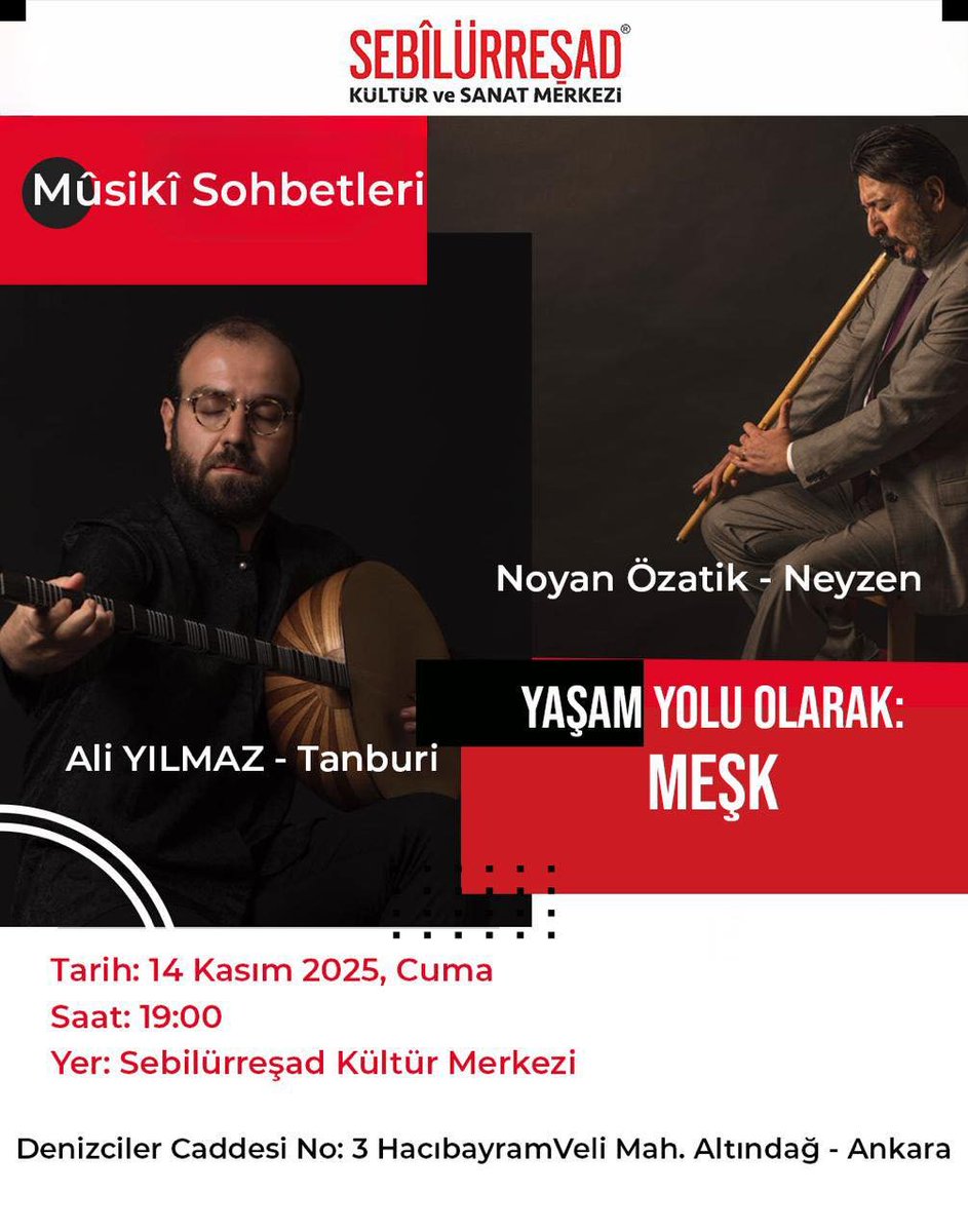 Sebilürreşad Musiki Sohbetleri
📷 “Meşk, Musiki ve Gelecek Kuşaklar”

Bu hafta Musiki Sohbetleri programımızda, Tanburi Ali Yılmaz’ı ağırlıyoruz.

Bu anlamlı ve keyifli sohbetimize tüm dostlarımızı bekliyoruz.