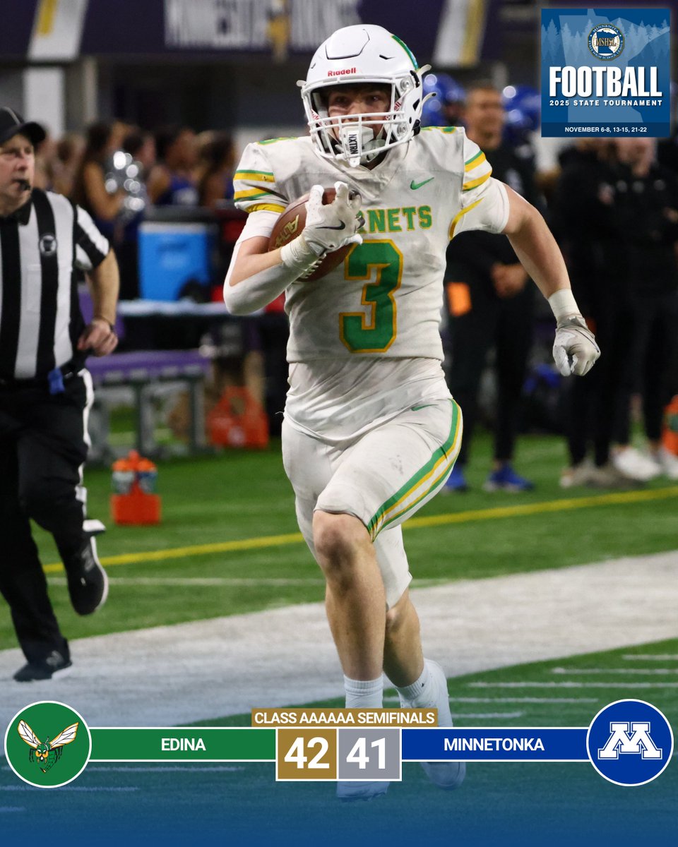 MSHSL's tweet photo. 🏈 Class AAAAAA Football | Edina rallies from 21 down for a thrilling semifinal victory! https://t.co/g7sccsRNOe