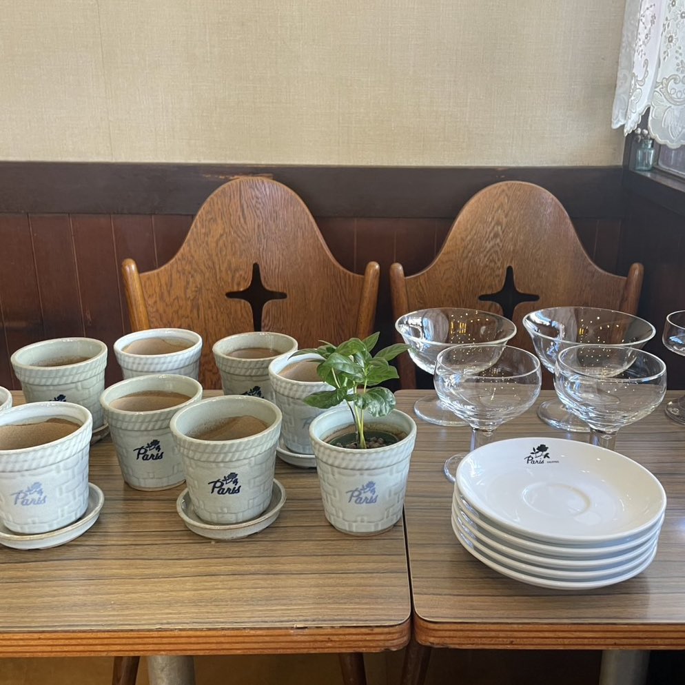 muratashokai's tweet image. オープンしました！
『渋谷「珈琲店パリ」の歴史をたどる小展示＆販売』は今月30日まで開催中です。パリさんのロゴ入り植木鉢🪴もたくさんあります。展示もじっくりご覧いただきたいので、ぜひ足をお運びください。今週も日曜日まで、12〜19時の営業です！