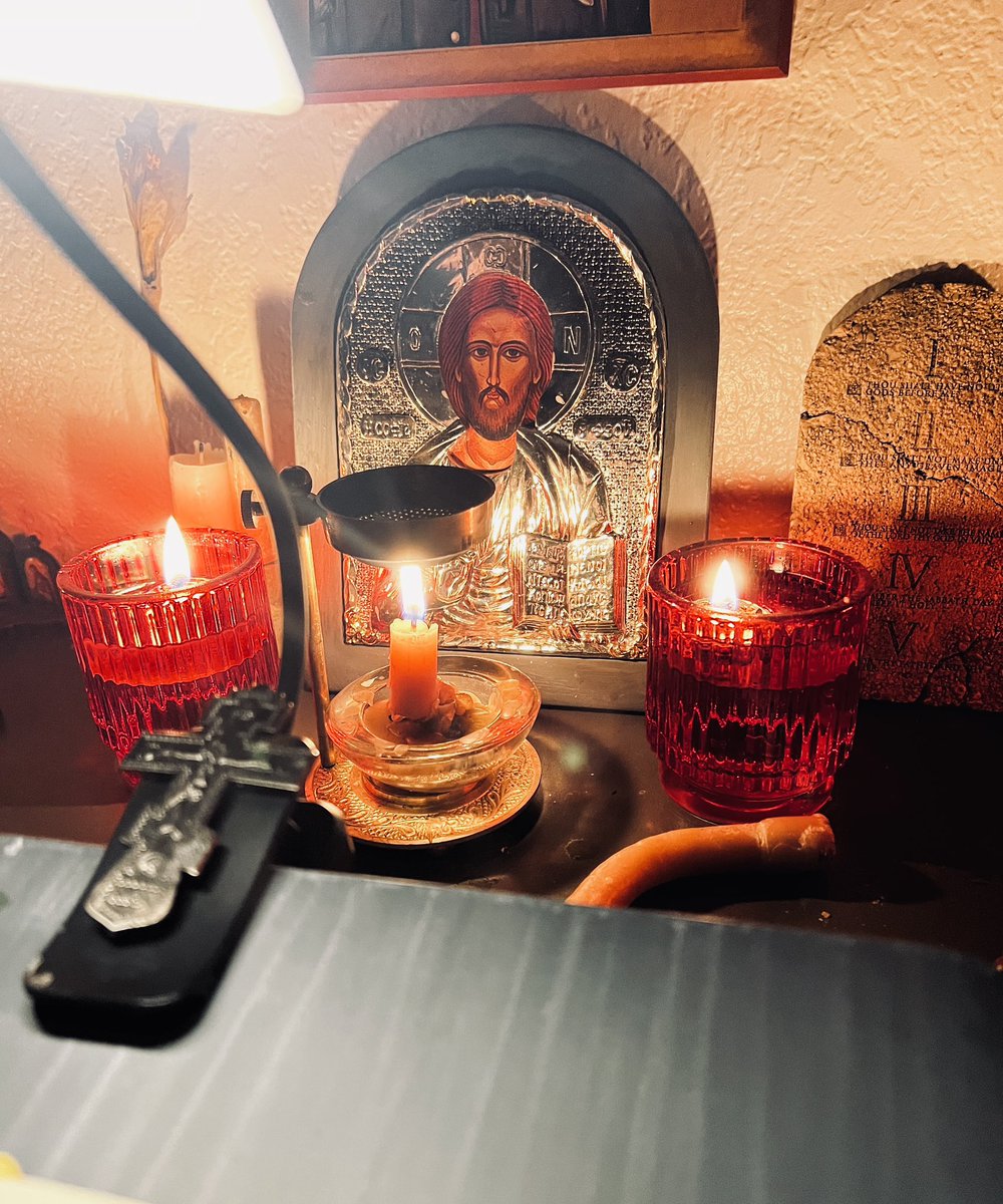 This icon of Christ is my wife’s first icon.  

I think it is beautiful.  

I wish my camera could capture the beauty of the lampeda’s and incense burner, and the beautiful  lighting that frames it.

Good night y’all!

God bless you.

Don’t forget your evening prayers.☦️